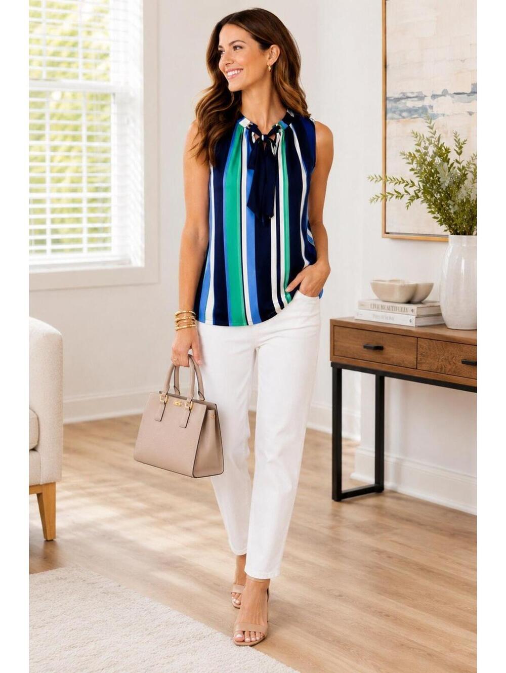 NWT Liz Claiborne Striped Sleeveless Tie Neck Blouse Navy Blue Green Small